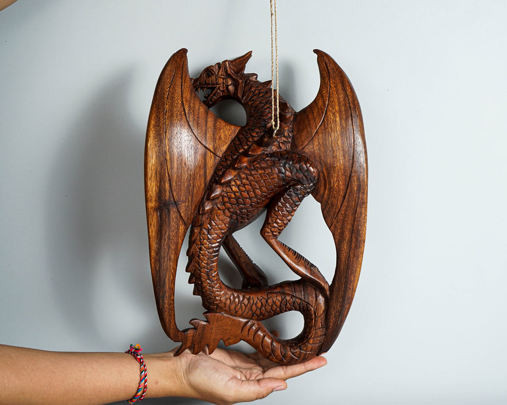 Dragon Wall Decor, Hanging Wooden Dragon, Mystical Animal, Ceiling, Unique, Wood Carving, Rustic Decor, Gothic Decoration, Memorial Gift