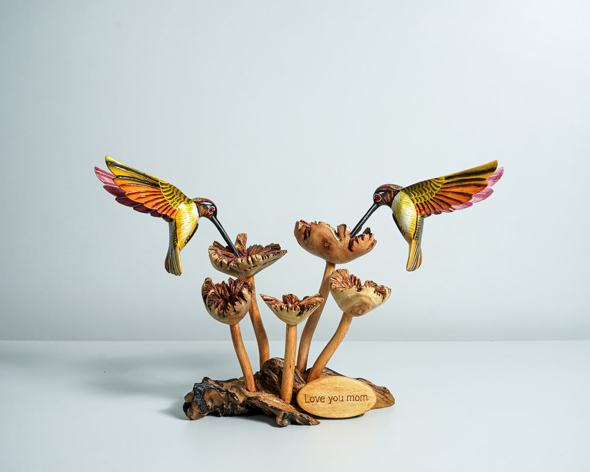 Colorful Hummingbird Statue, Couple, Painted Sculpture, Wood Carving Figure, Romantic, Bird Statue, Colibri, Unique Decor, Engagement Gift