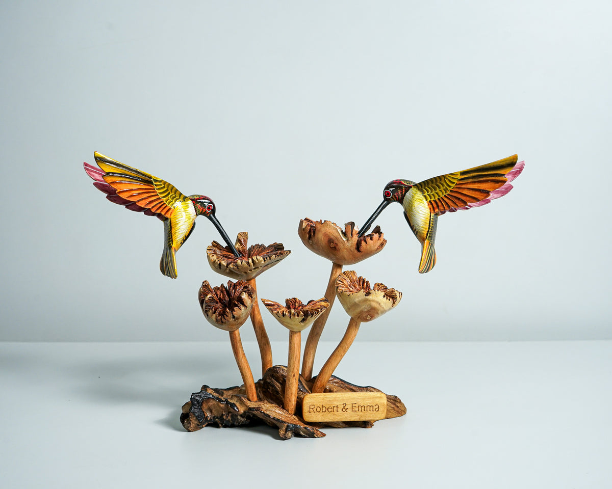 Colorful Hummingbird Statue, Couple, Painted Sculpture, Wood Carving Figure, Romantic, Bird Statue, Colibri, Unique Decor, Engagement Gift