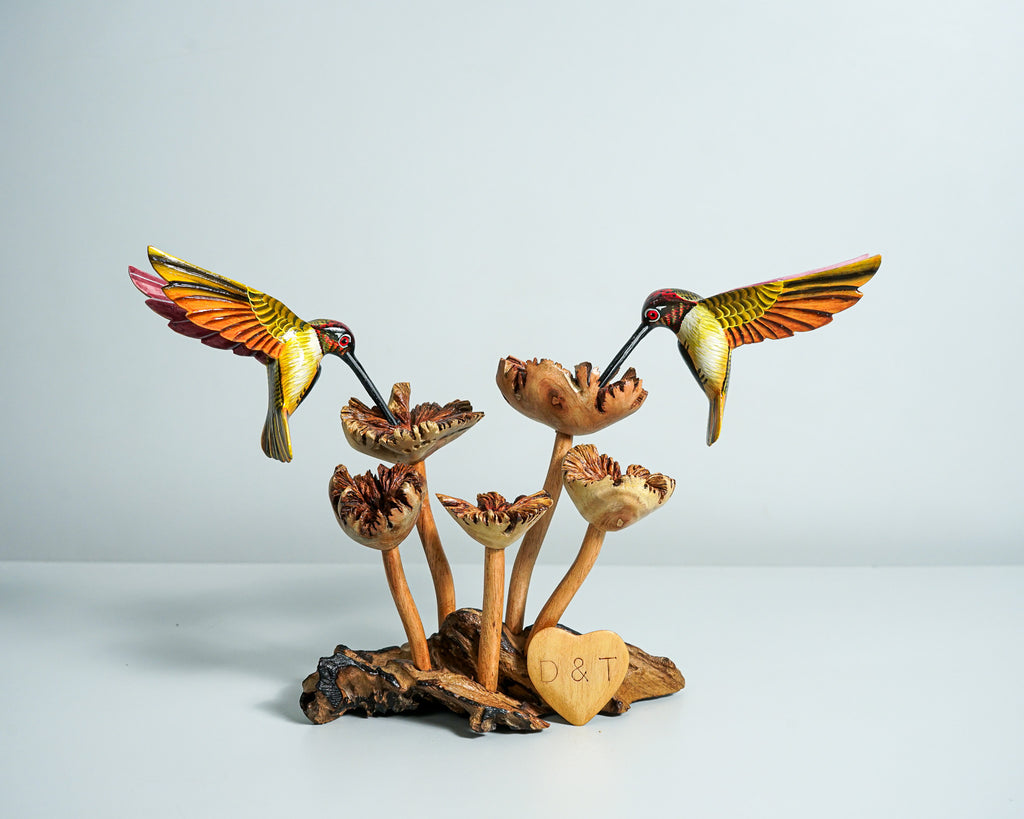 Colorful Hummingbird Statue, Couple, Painted Sculpture, Wood Carving Figure, Romantic, Bird Statue, Colibri, Unique Decor, Engagement Gift