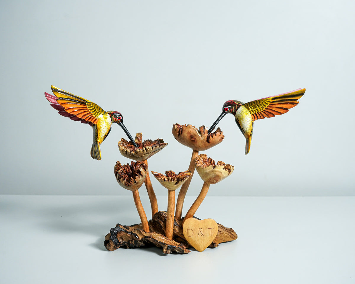 Colorful Hummingbird Statue, Couple, Painted Sculpture, Wood Carving Figure, Romantic, Bird Statue, Colibri, Unique Decor, Engagement Gift