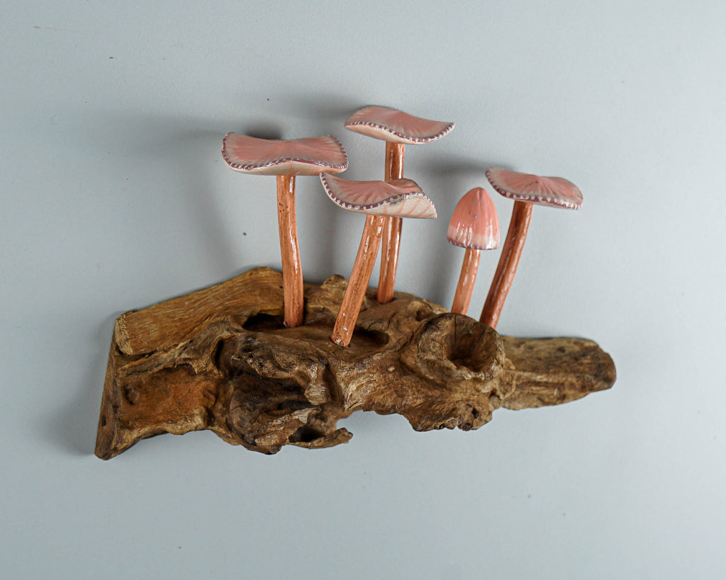 Pink Hanging Fairy Mushroom Sculpture 7in Length Hand-Carved Woodland Wall Art