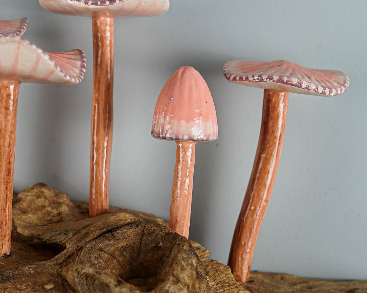 Pink Hanging Fairy Mushroom Sculpture 7in Length Hand-Carved Woodland Wall Art