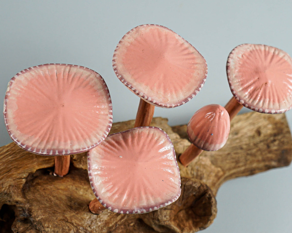 Pink Hanging Fairy Mushroom Sculpture 7in Length Hand-Carved Woodland Wall Art