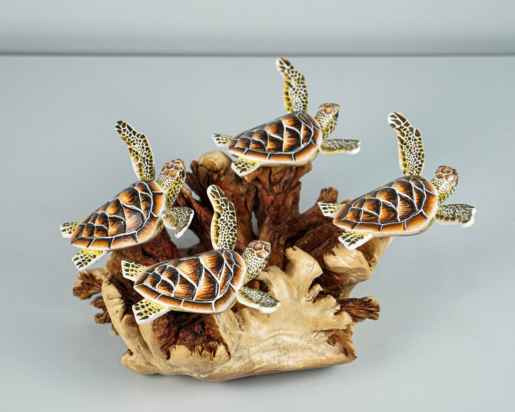 Turtle Sculpture, Family, Sea Turtle, Wood Carving, Ocean, Hand-painted Figurine, Office Desk Decor, Summer, Home Decoration, Family Gift