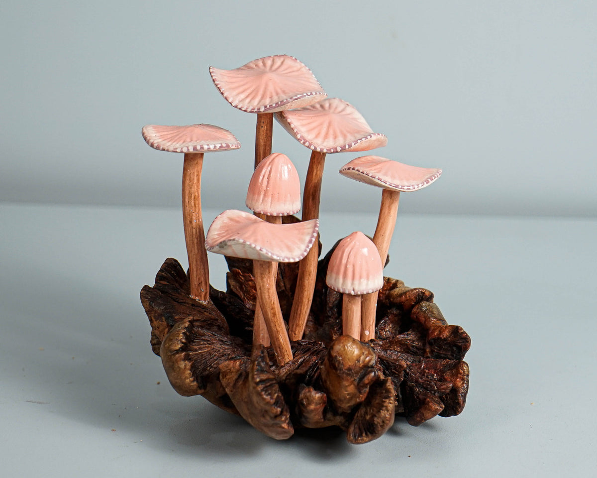 Pink Mushroom Miniature, Hand Painted Statue, Figurine, Handmade Decor, Wood Carving, Natural Piece, Valentines Décor, Gift for Twin