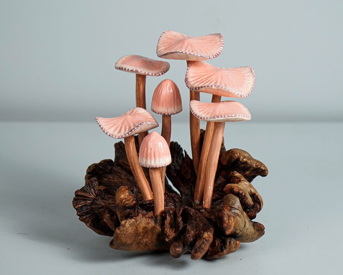 Pink Mushroom Miniature, Hand Painted Statue, Figurine, Handmade Decor, Wood Carving, Natural Piece, Valentines Décor, Gift for Twin