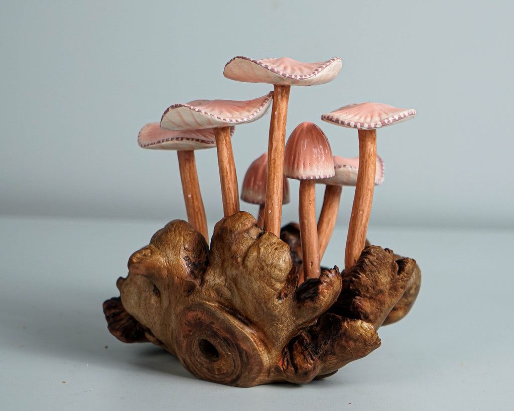 Pink Mushroom Miniature, Hand Painted Statue, Figurine, Handmade Decor, Wood Carving, Natural Piece, Valentines Décor, Gift for Twin