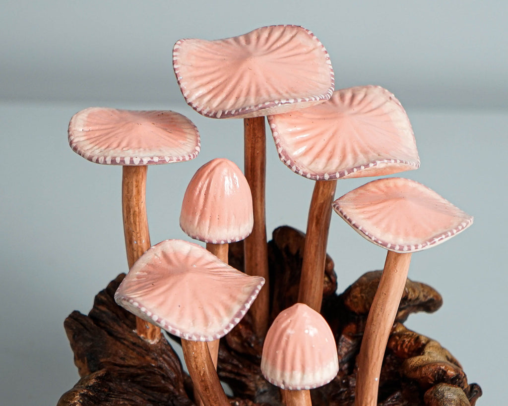 Pink Mushroom Miniature, Hand Painted Statue, Figurine, Handmade Decor, Wood Carving, Natural Piece, Valentines Décor, Gift for Twin