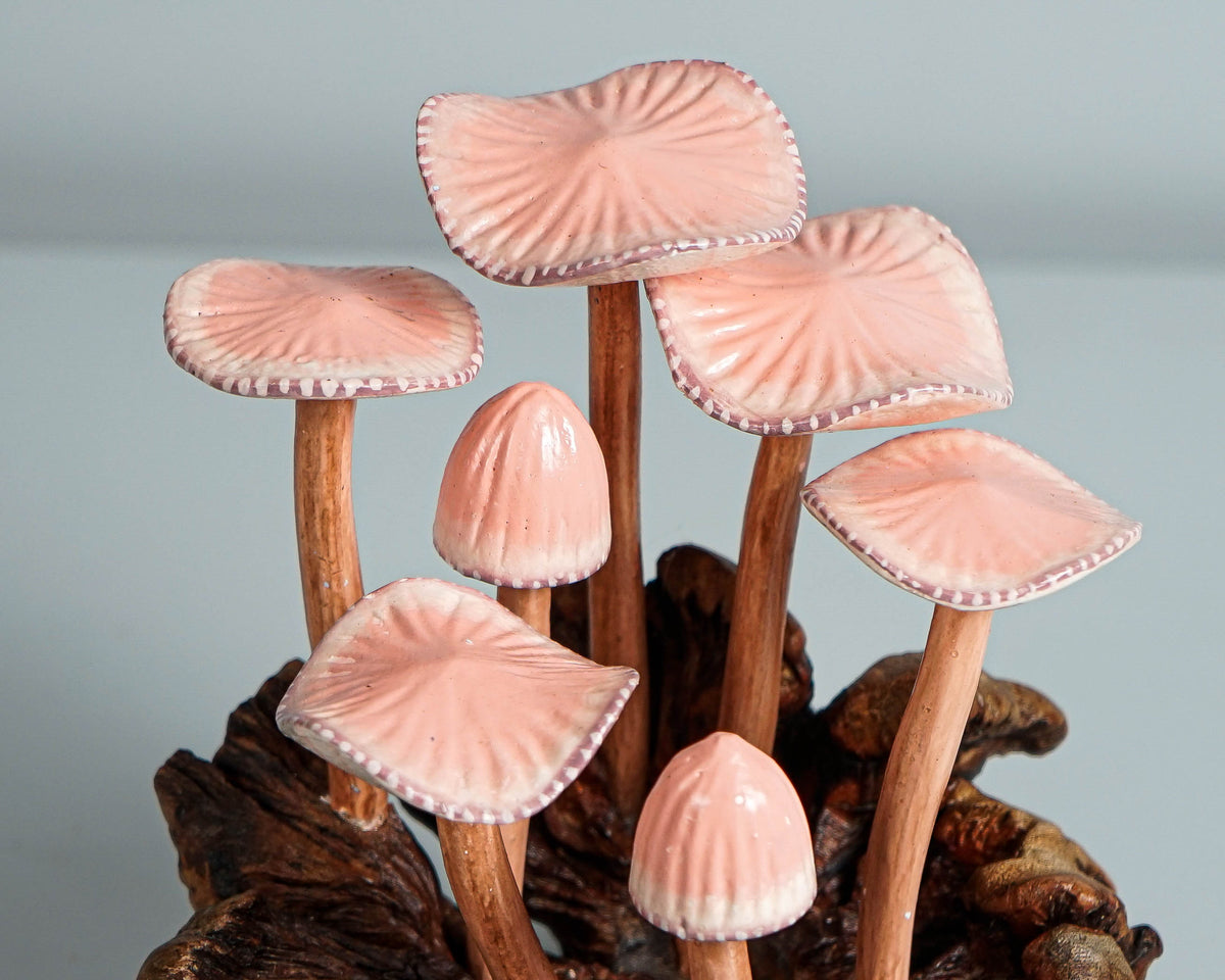 Pink Mushroom Miniature, Hand Painted Statue, Figurine, Handmade Decor, Wood Carving, Natural Piece, Valentines Décor, Gift for Twin