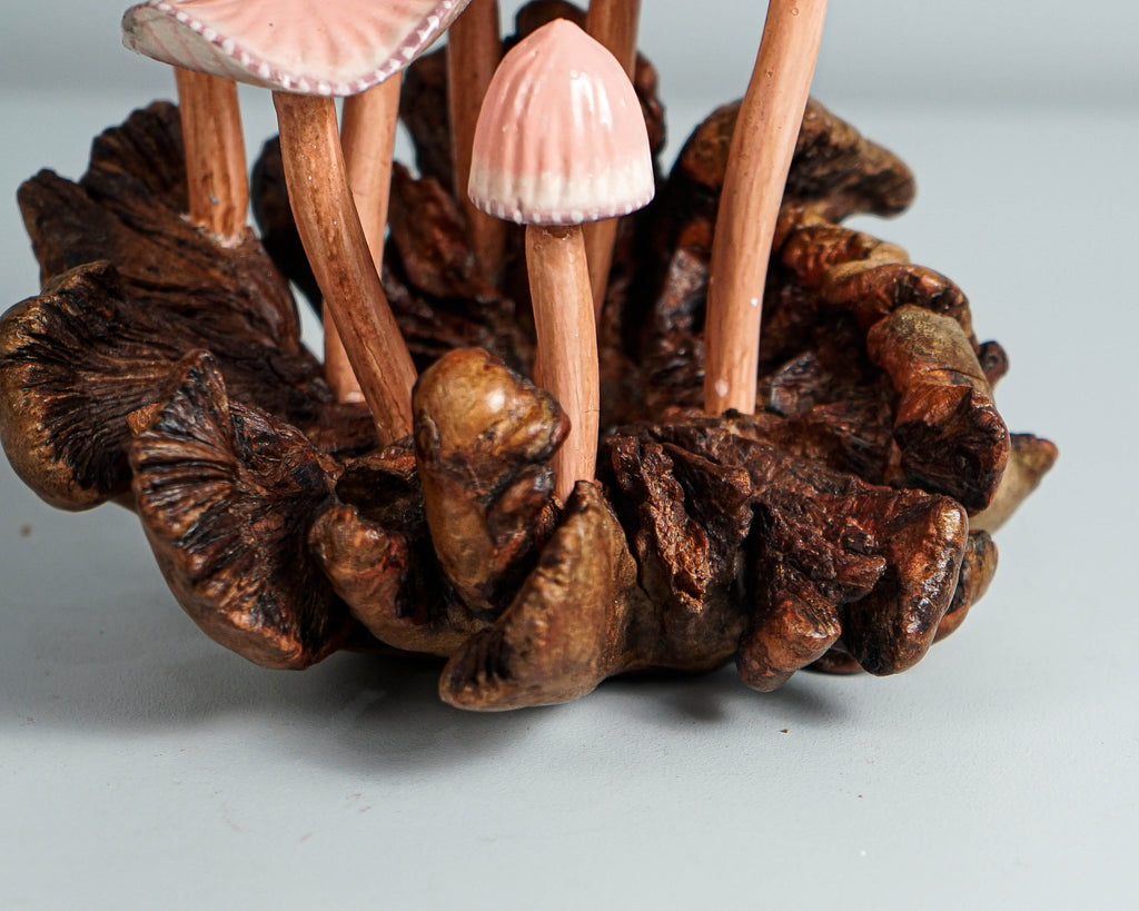 Pink Mushroom Miniature, Hand Painted Statue, Figurine, Handmade Decor, Wood Carving, Natural Piece, Valentines Décor, Gift for Twin