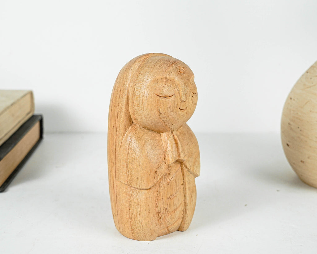 Woman Jizo Statue, Buddha Sculpture, Wood Figurine, Unique, Greeting, Wooden Jizo, Housewarming, Namasthe, Table Decor, Mother Loss Gift