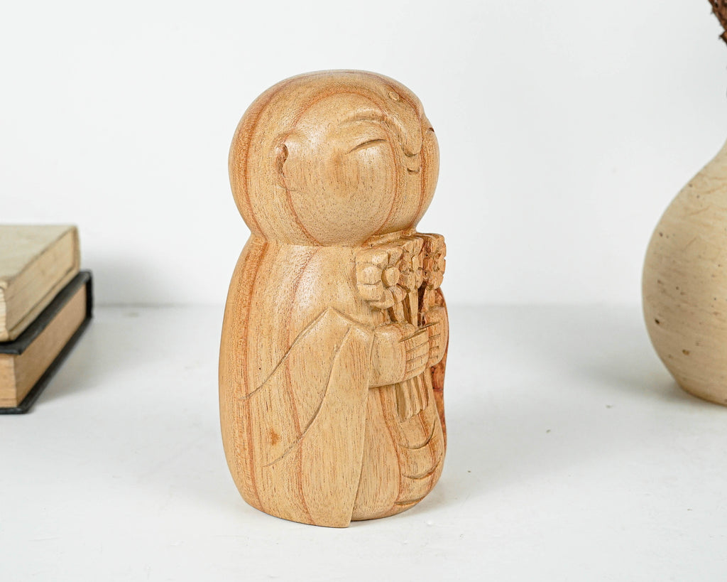 Holding Flower Jizo Statue, Buddha Sculpture, Wood Figurine, Meditation, Wooden Jizo, Antique, Home Decor, Spiritual Decor, Anniversary Gift