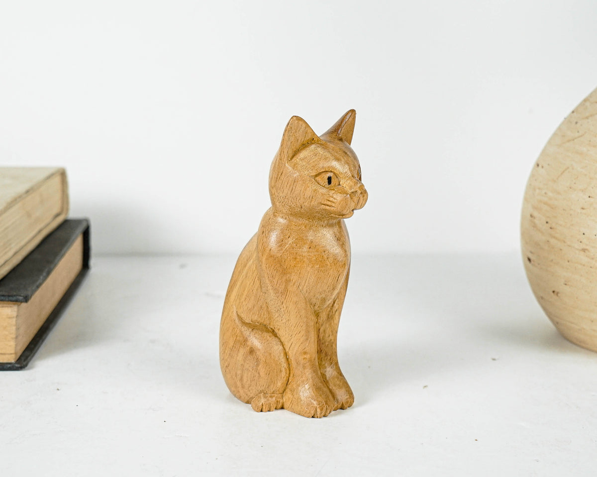 Cute Cat Wooden Sculpture, Unique Wood Carving, Wood Base, Miniature Statue, Animal, Figurine, Room Decor, Gift for Him, Gift for Sister