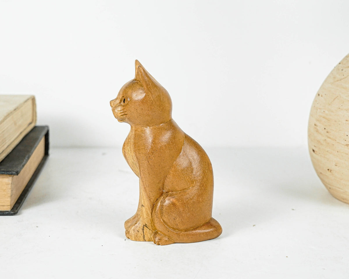 Cute Cat Wooden Sculpture, Unique Wood Carving, Wood Base, Miniature Statue, Animal, Figurine, Room Decor, Gift for Him, Gift for Sister