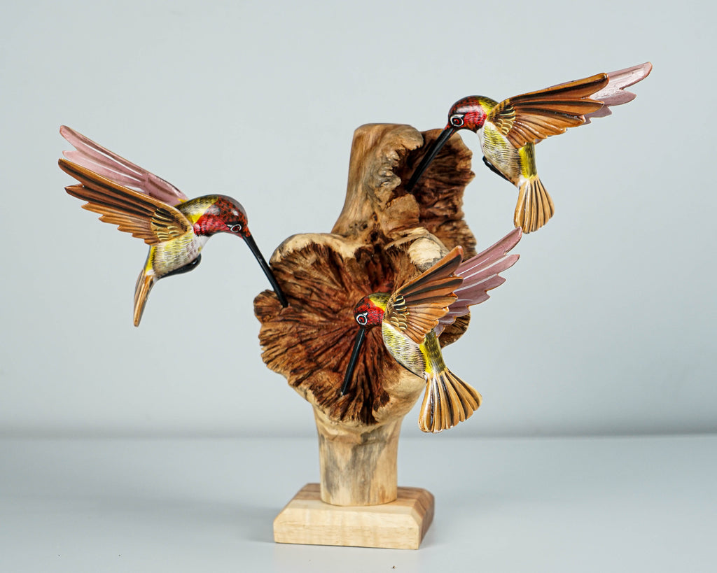 Colorful Hummingbirds Statue, Three Birds, Painted Wooden Animal, Wood Carving, Bird Figurine, Colibri, Aesthetic Room Decor, Family Gift