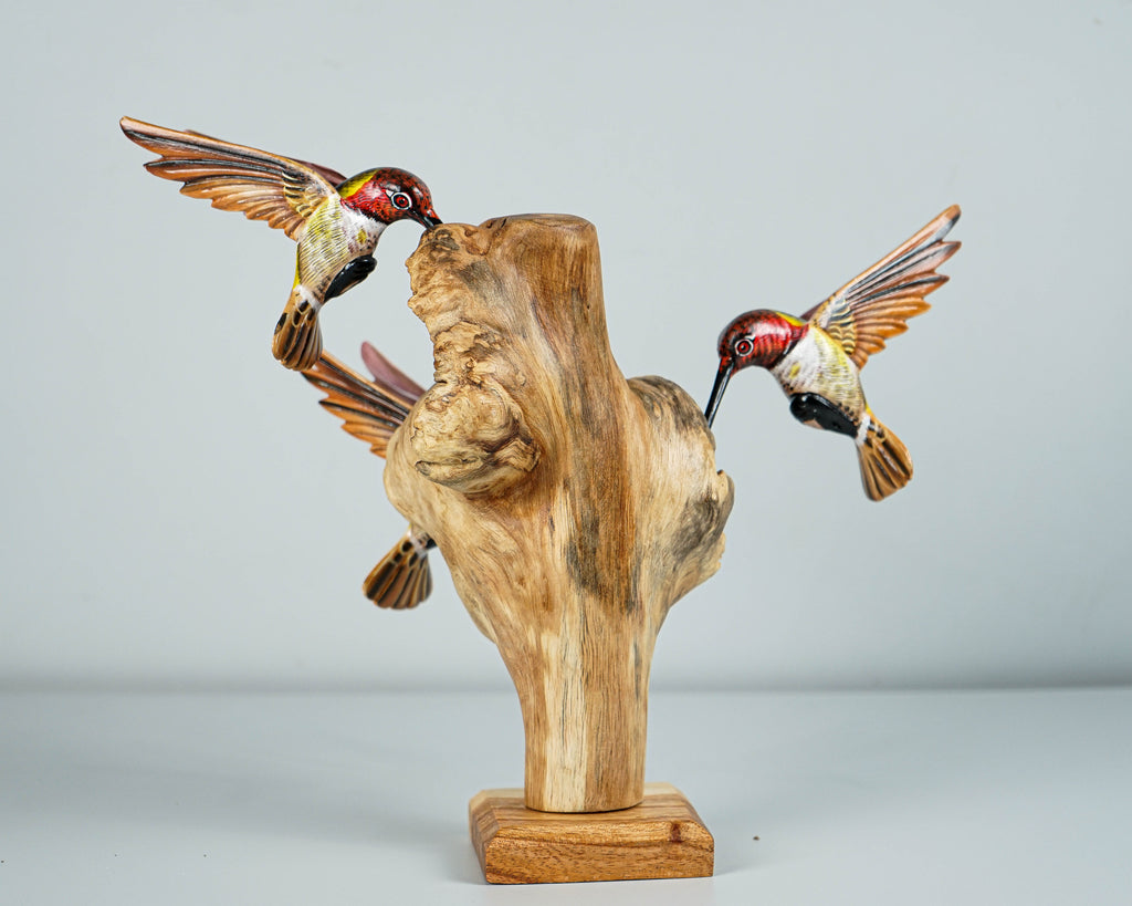 Colorful Hummingbirds Statue, Three Birds, Painted Wooden Animal, Wood Carving, Bird Figurine, Colibri, Aesthetic Room Decor, Family Gift