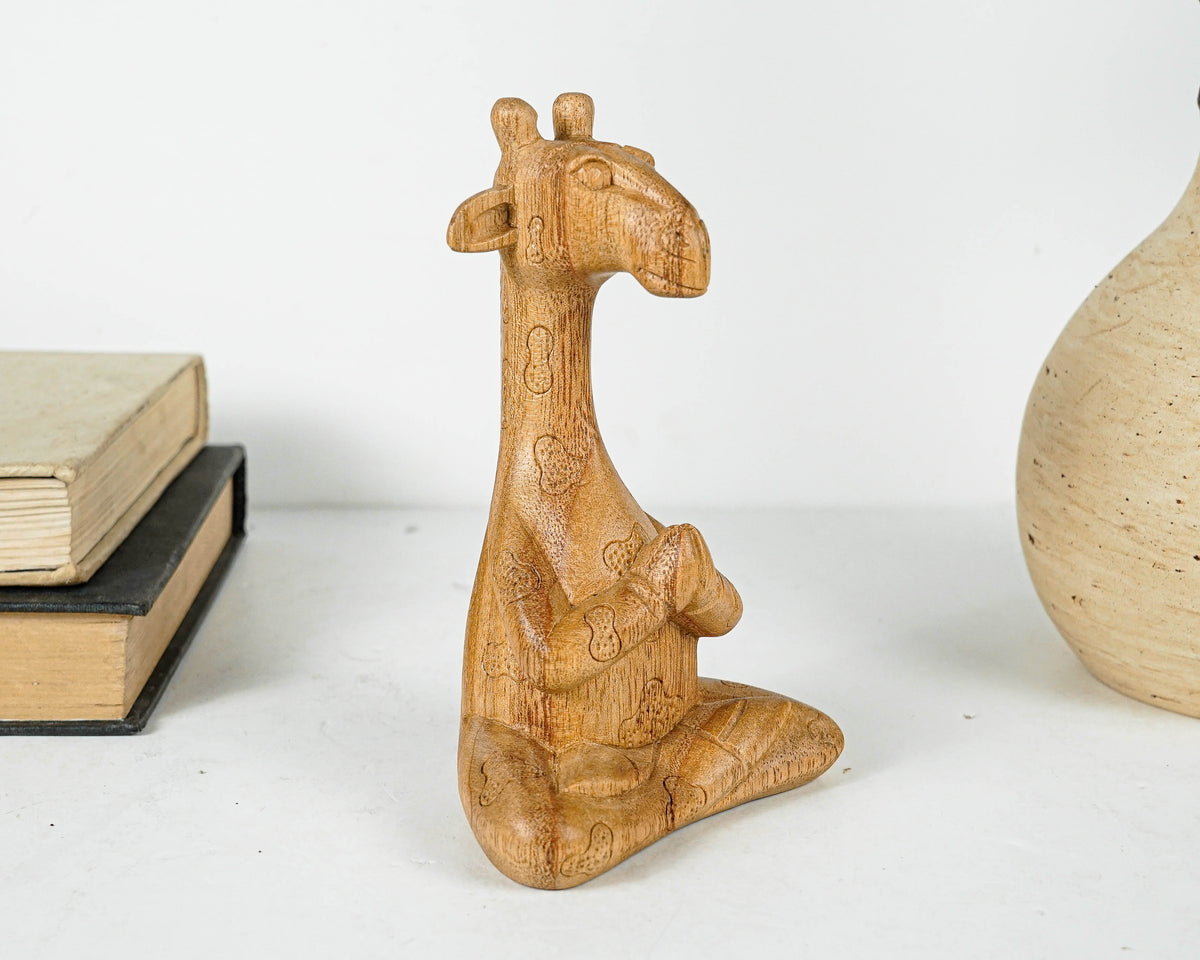 Meditating Giraffe Sculpture, Animal, Yoga, Wood Carving, Wooden Base, Meditation Statue, Figurine, Handmade, Office Decor, Appreciated Gift