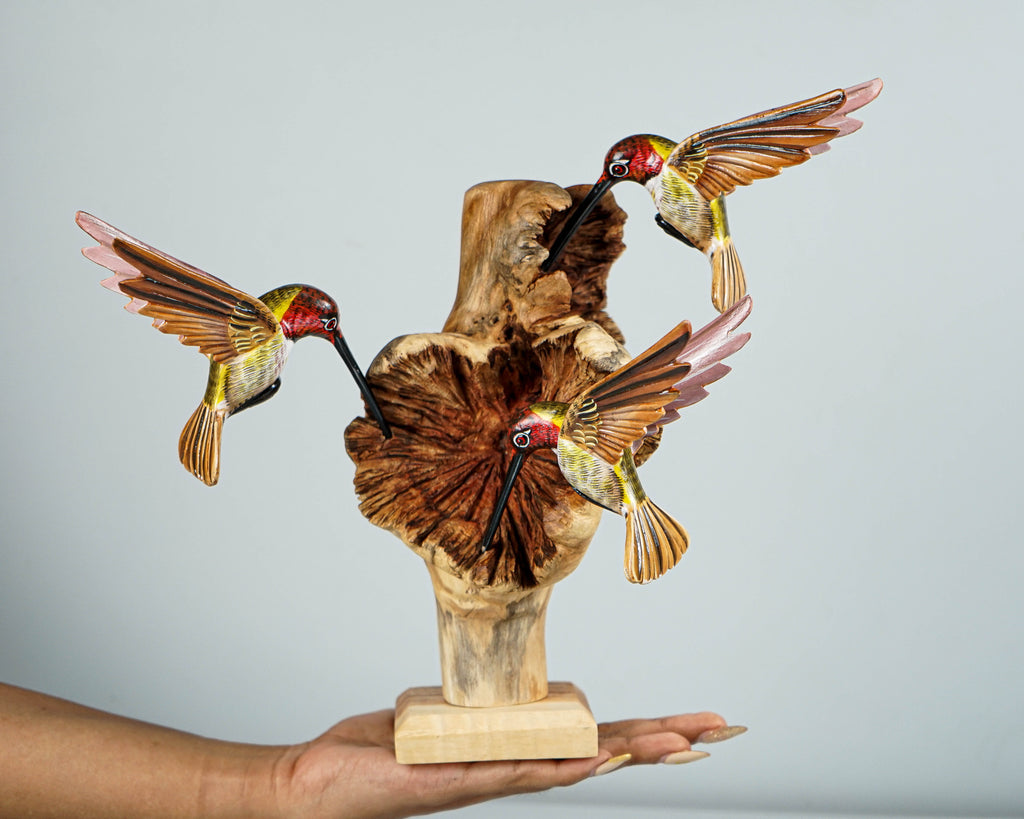 Colorful Hummingbirds Statue, Three Birds, Painted Wooden Animal, Wood Carving, Bird Figurine, Colibri, Aesthetic Room Decor, Family Gift