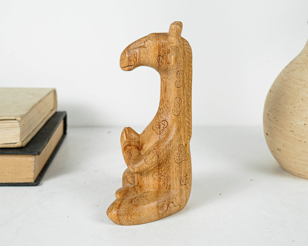 Meditating Giraffe Sculpture, Animal, Yoga, Wood Carving, Wooden Base, Meditation Statue, Figurine, Handmade, Office Decor, Appreciated Gift