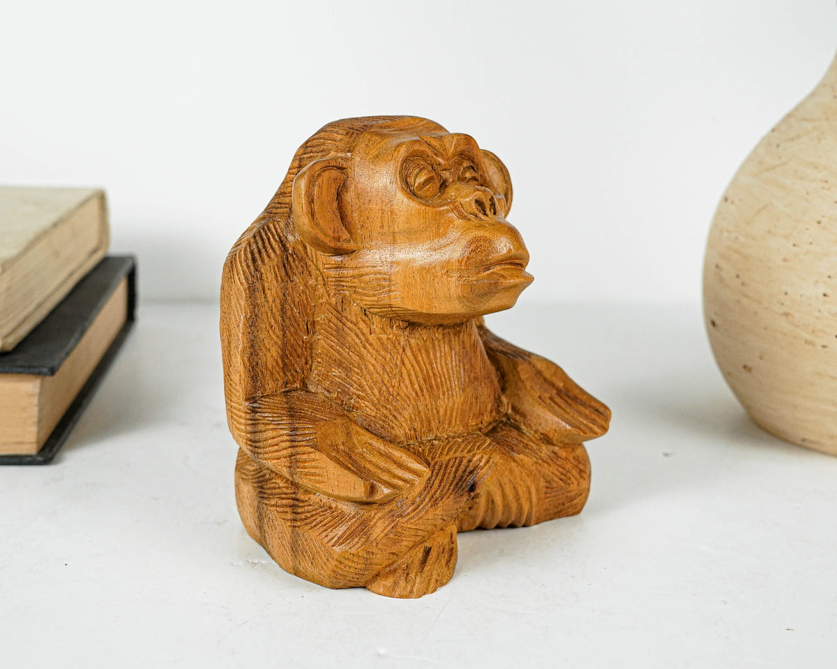 Meditating Monkey Sculpture, Animal, Yoga, Carving, Wooden Base, Housewarming, Meditation Statue, Figurine, Interior Decor, Gift for Her