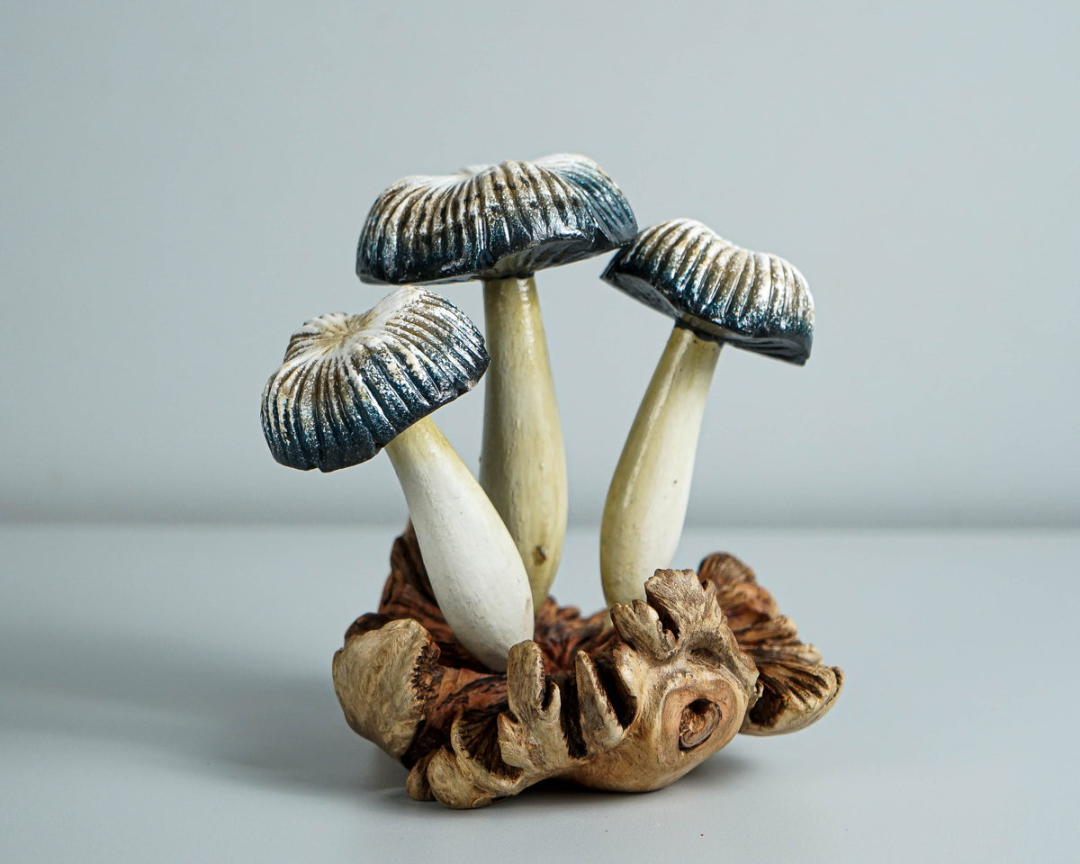 Grey Mushroom Statue, Painted Mushroom, Wood Carving, Natural Piece, Miniature, Hand painted Mushroom, Aesthetic Room Decor, Gift for Him