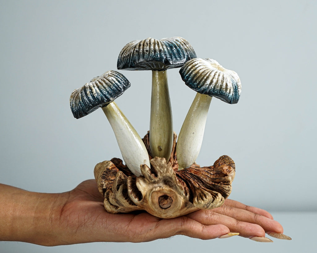 Grey Mushroom Statue, Painted Mushroom, Wood Carving, Natural Piece, Miniature, Hand painted Mushroom, Aesthetic Room Decor, Gift for Him
