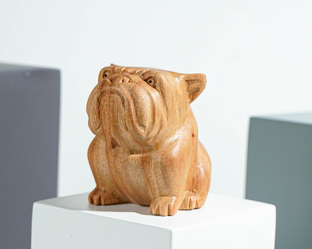 Sitting Bulldog Sculpture, Dog Statue, Animal, Natural Piece, Wooden Base, Unique Statue, Figurine, Room Decor, Nursery Decor, Gift for Son
