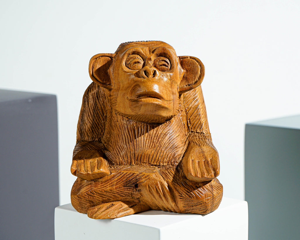 Meditating Monkey Sculpture, Animal, Yoga, Carving, Wooden Base, Housewarming, Meditation Statue, Figurine, Interior Decor, Gift for Her