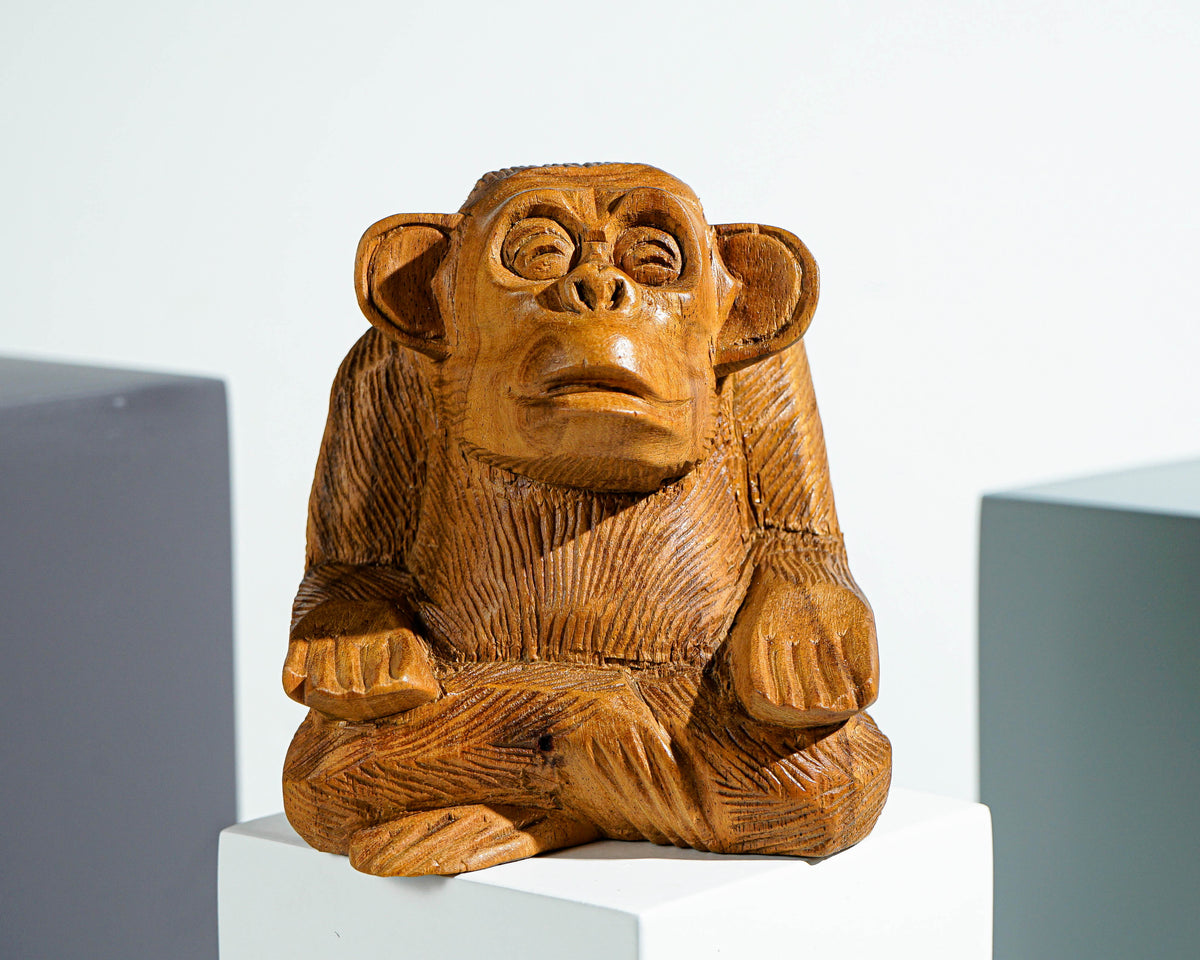 Meditating Monkey Sculpture, Animal, Yoga, Carving, Wooden Base, Housewarming, Meditation Statue, Figurine, Interior Decor, Gift for Her