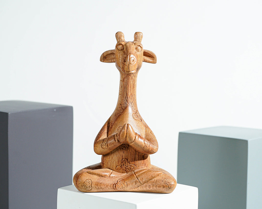 Meditating Giraffe Sculpture, Animal, Yoga, Wood Carving, Wooden Base, Meditation Statue, Figurine, Handmade, Office Decor, Appreciated Gift