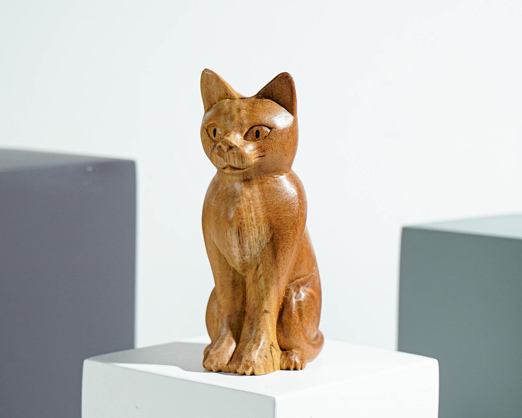 Cute Cat Wooden Sculpture, Unique Wood Carving, Wood Base, Miniature Statue, Animal, Figurine, Room Decor, Gift for Him, Gift for Sister