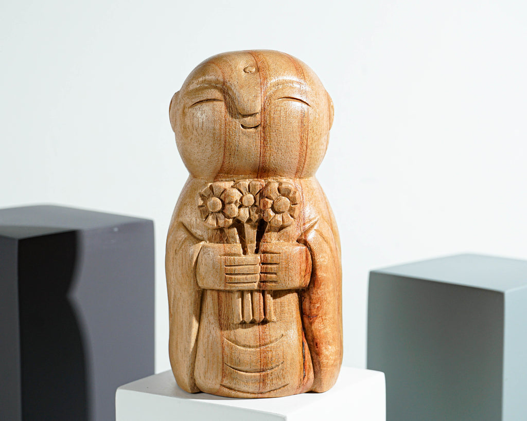 Holding Flower Jizo Statue, Buddha Sculpture, Wood Figurine, Meditation, Wooden Jizo, Antique, Home Decor, Spiritual Decor, Anniversary Gift