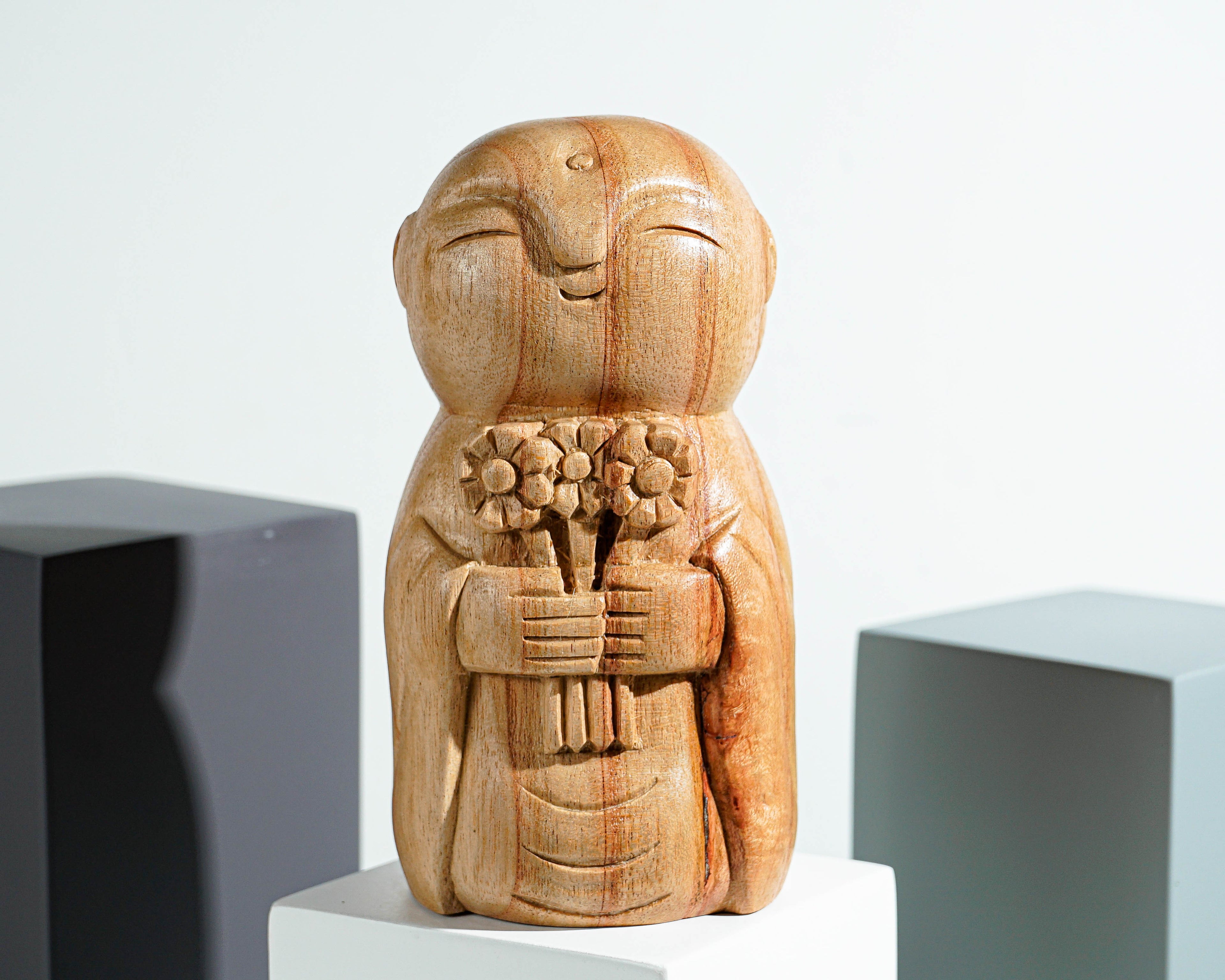 Holding Flower Jizo Statue, Buddha Sculpture, Wood Figurine, Meditation, Wooden Jizo, Antique, Home Decor, Spiritual Decor, Anniversary Gift