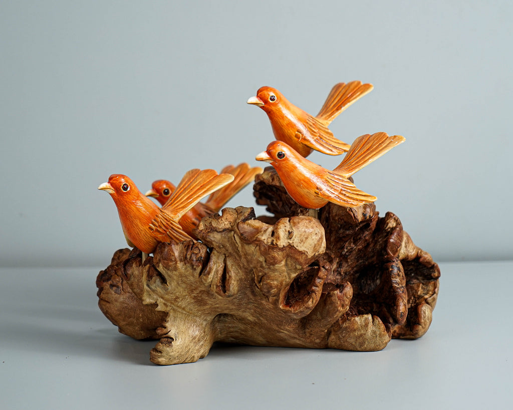 Red Canary Family Statue, Painted Canary, Bird Nest Sculpture, Miniature, Handpainted Figurine, Colorful Canary, Room Decor, Family Gift