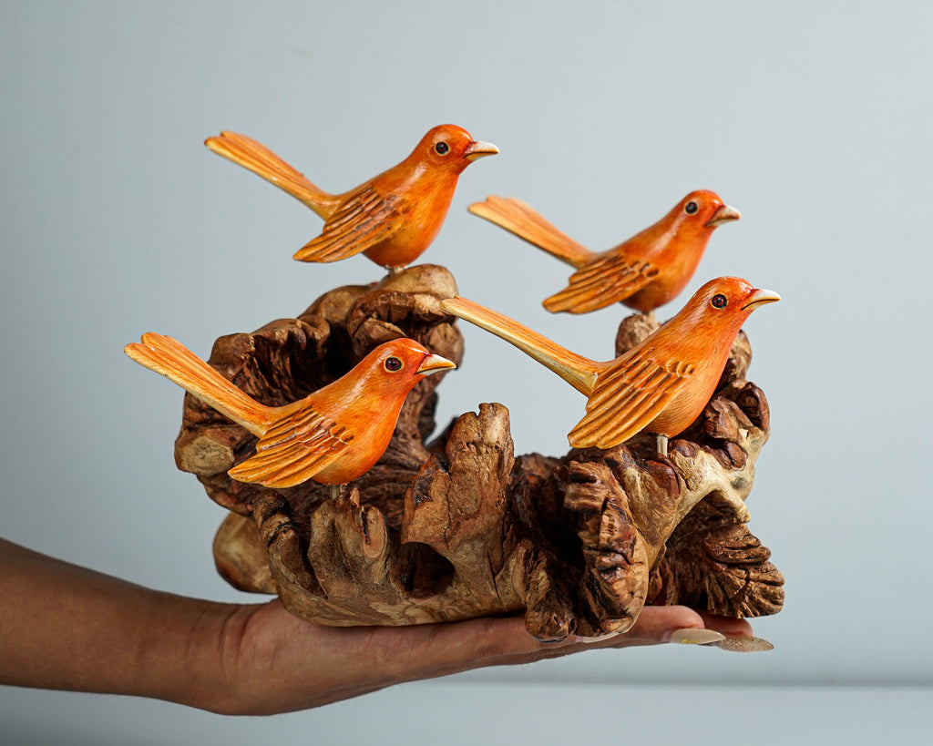 Red Canary Family Statue, Painted Canary, Bird Nest Sculpture, Miniature, Handpainted Figurine, Colorful Canary, Room Decor, Family Gift