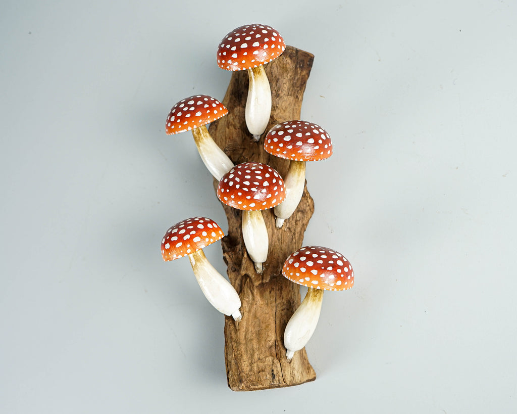Red Hanging Mushroom Sculpture 10in Tall Hand-Carved Wooden Forest Art Decor