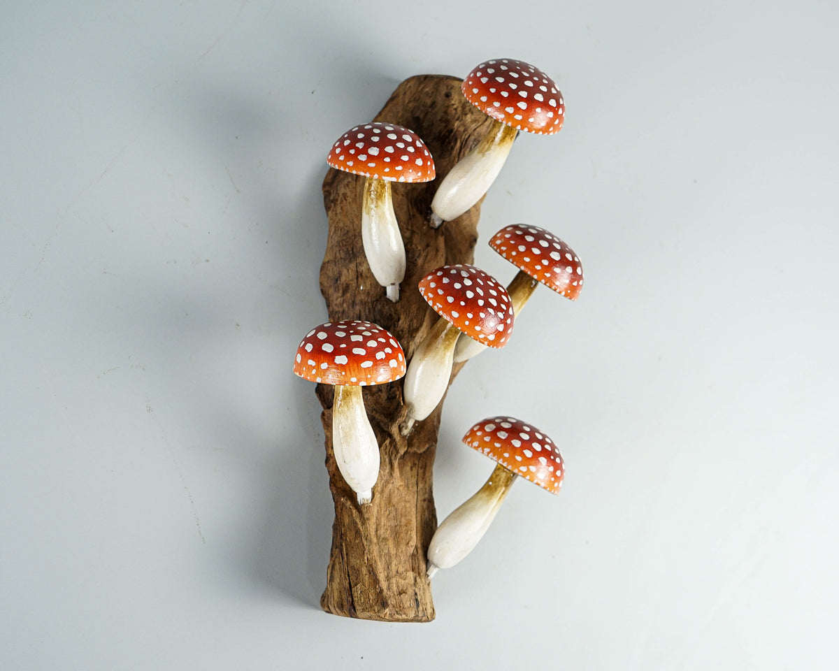 Red Hanging Mushroom Sculpture 10in Tall Hand-Carved Wooden Forest Art Decor