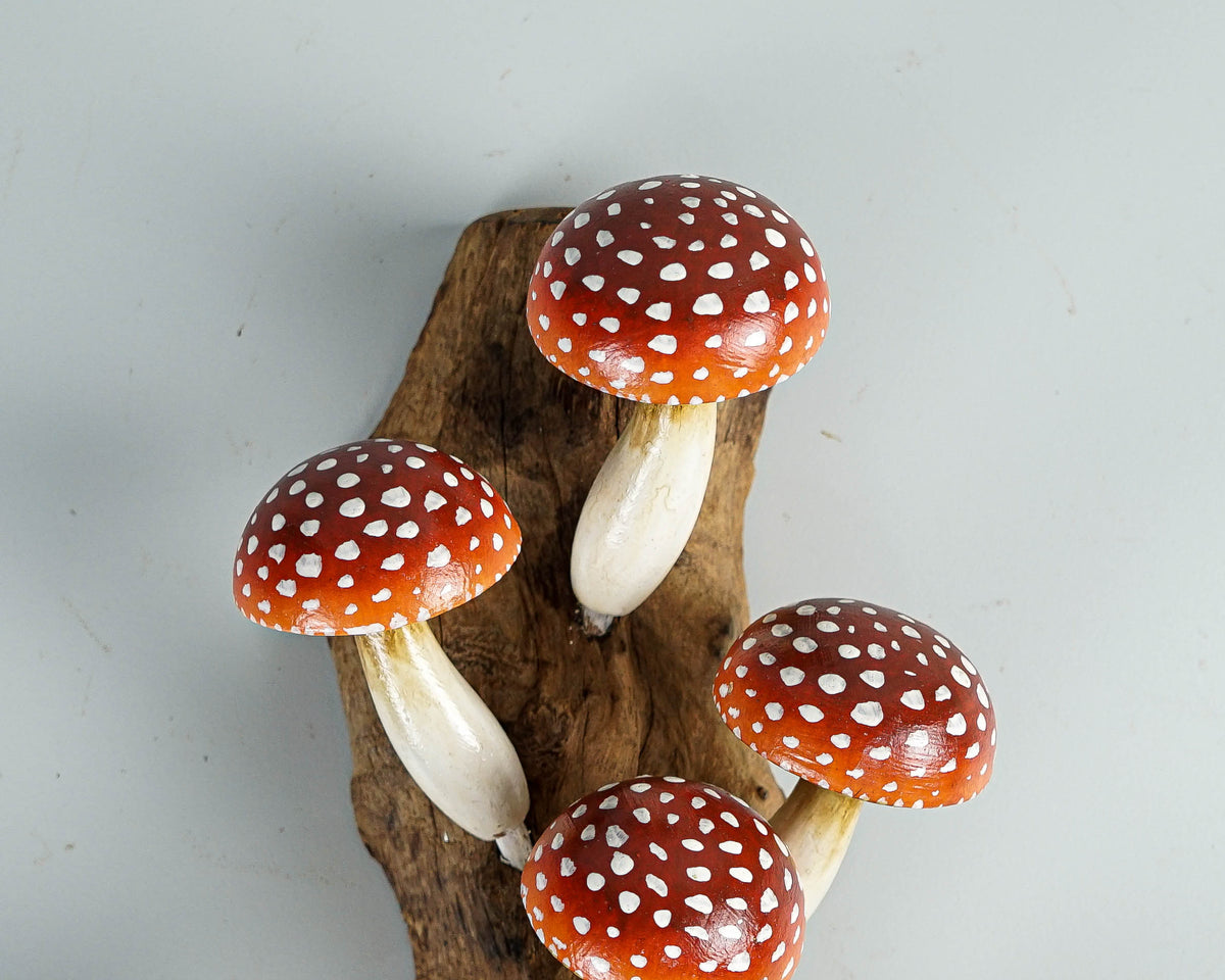 Red Hanging Mushroom Sculpture 10in Tall Hand-Carved Wooden Forest Art Decor
