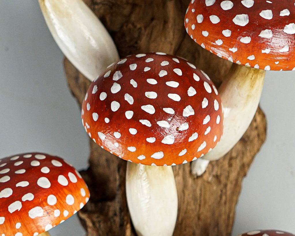Red Hanging Mushroom Sculpture 10in Tall Hand-Carved Wooden Forest Art Decor