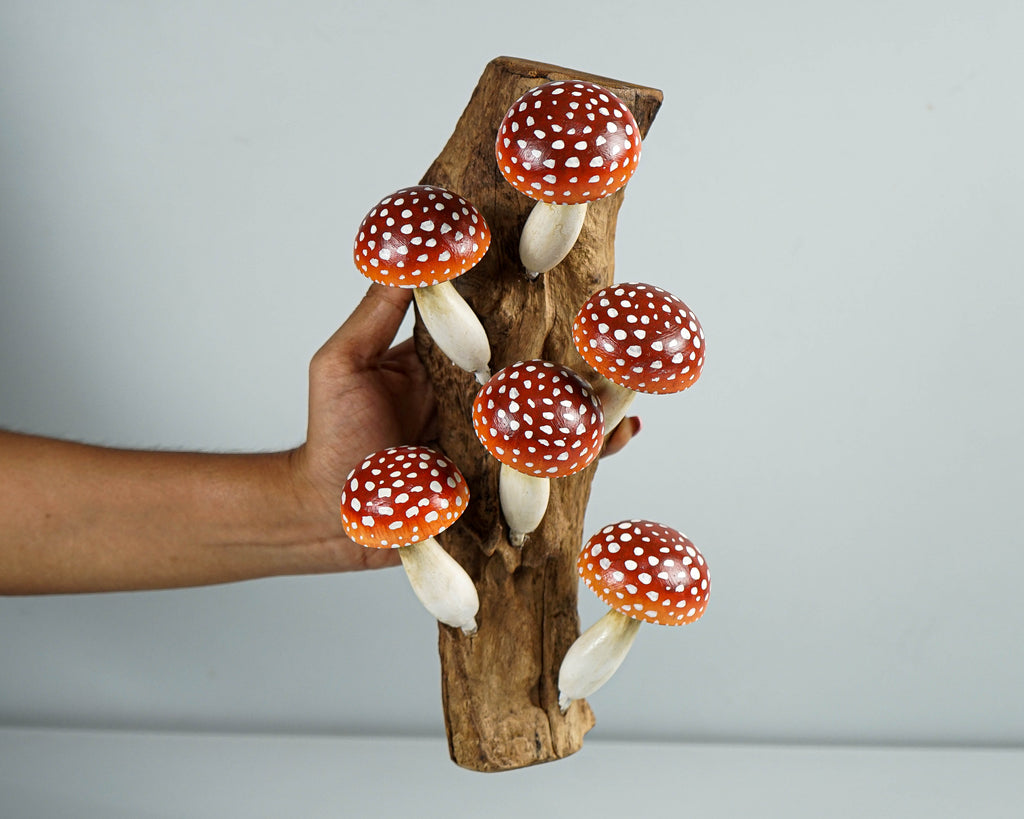 Red Hanging Mushroom Sculpture 10in Tall Hand-Carved Wooden Forest Art Decor
