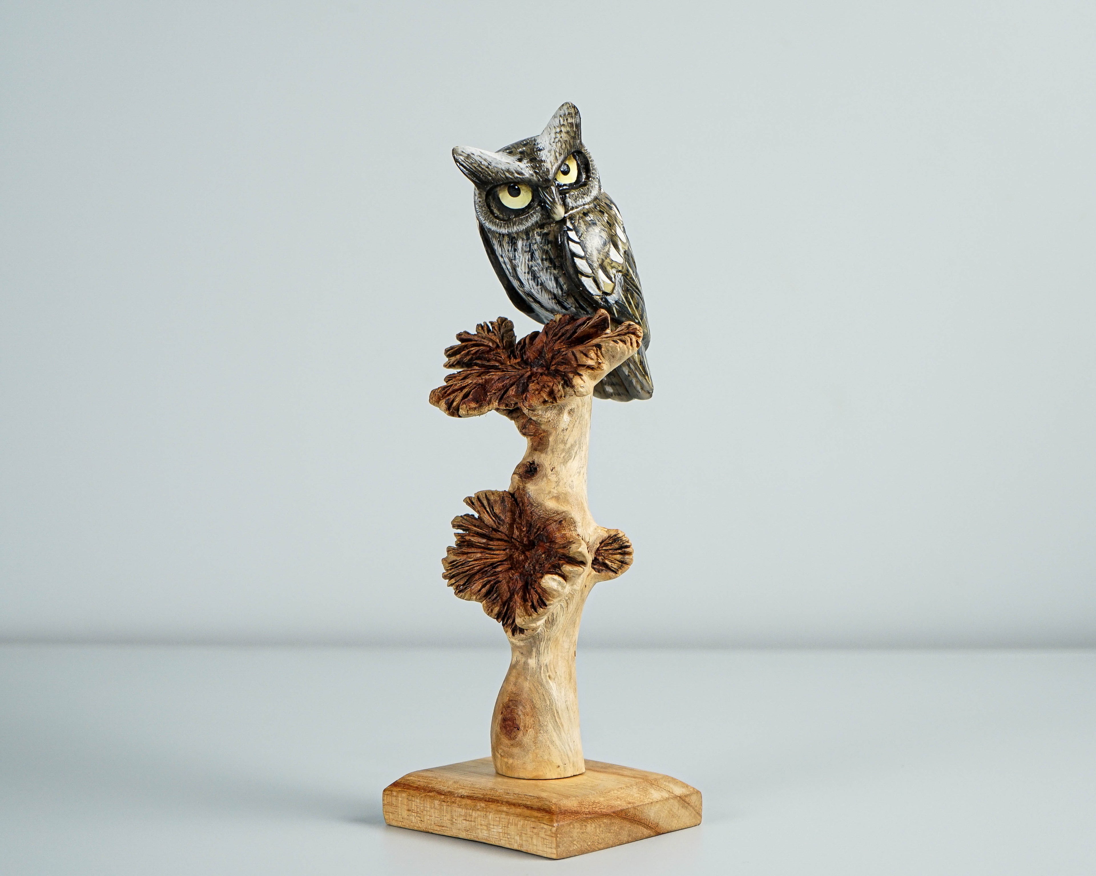 Eagle Owl on a Tree Branch, Painted Figurine, Colorful Art, Wooden Ornament, Unique Sculpture, Handpainted, Office Decor, Birthday Gift