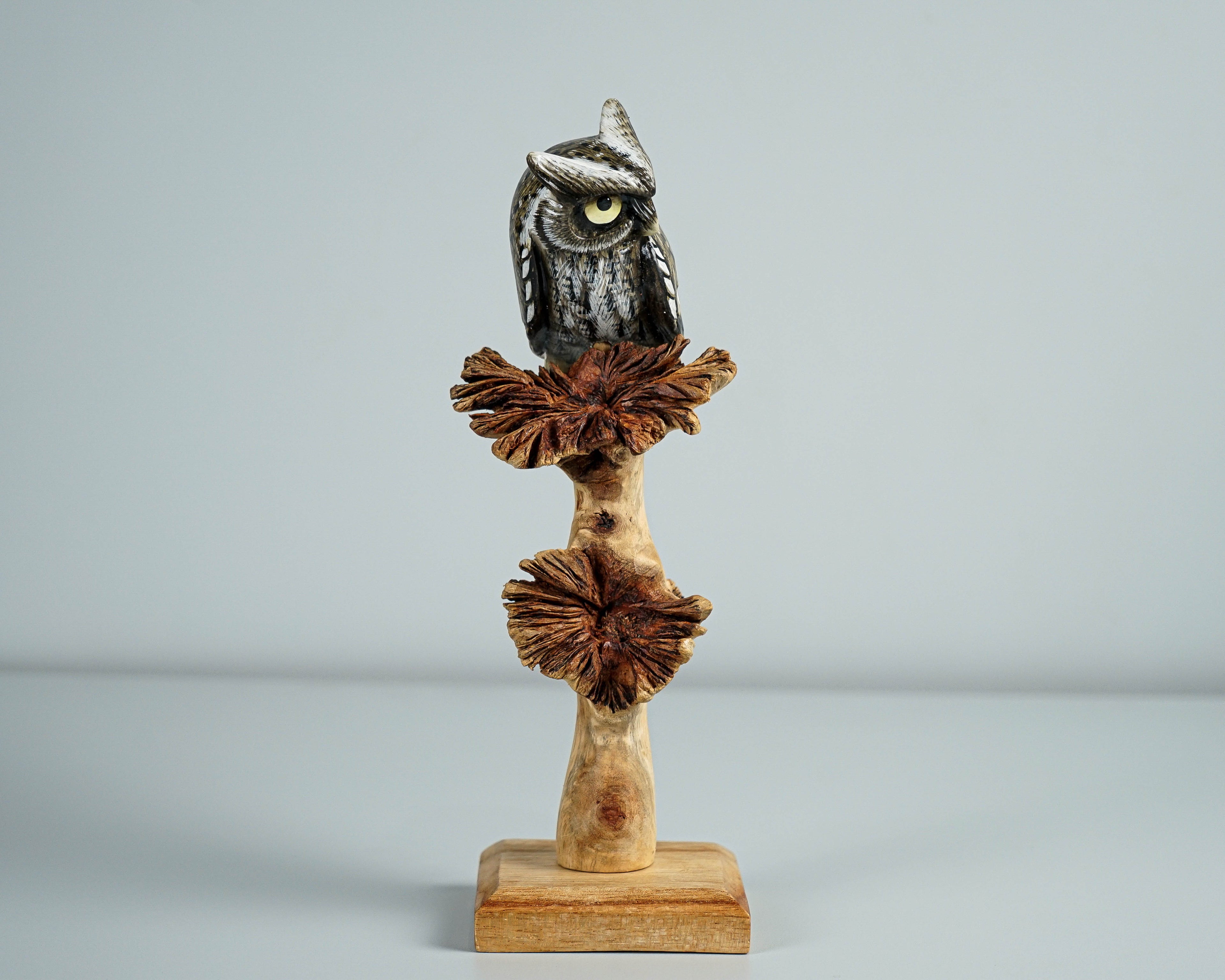 Eagle Owl on a Tree Branch, Painted Figurine, Colorful Art, Wooden Ornament, Unique Sculpture, Handpainted, Office Decor, Birthday Gift