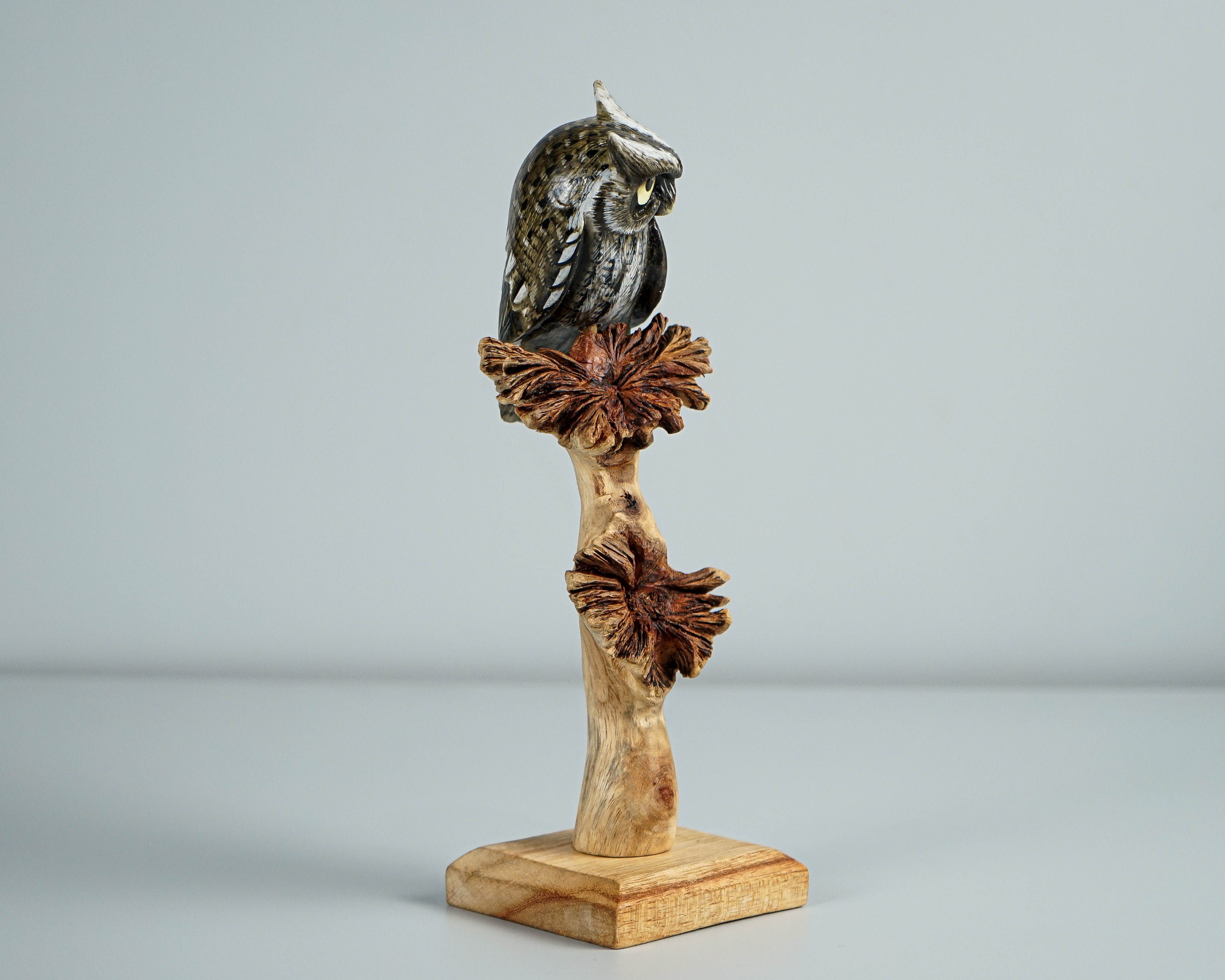 Eagle Owl on a Tree Branch, Painted Figurine, Colorful Art, Wooden Ornament, Unique Sculpture, Handpainted, Office Decor, Birthday Gift