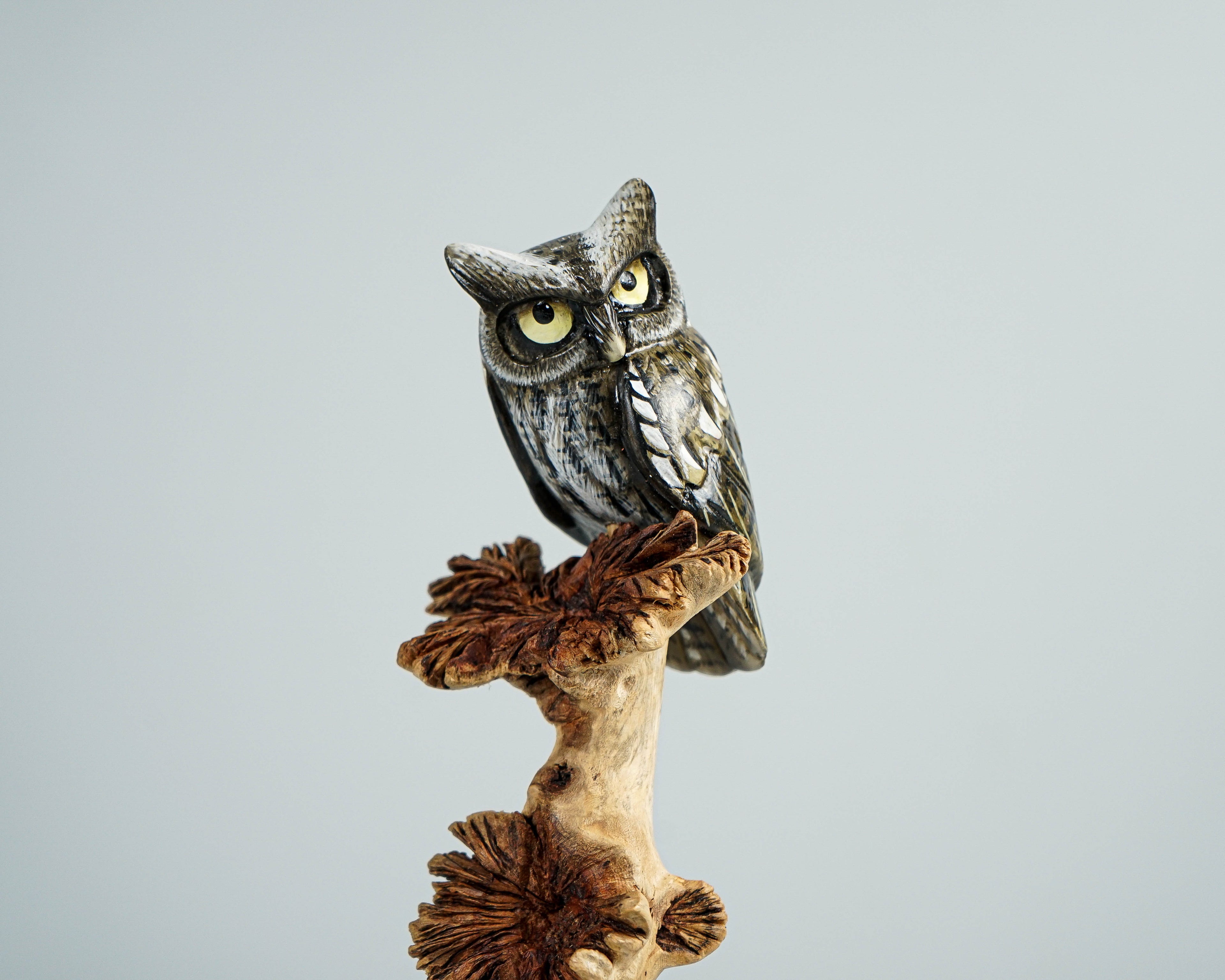 Eagle Owl on a Tree Branch, Painted Figurine, Colorful Art, Wooden Ornament, Unique Sculpture, Handpainted, Office Decor, Birthday Gift