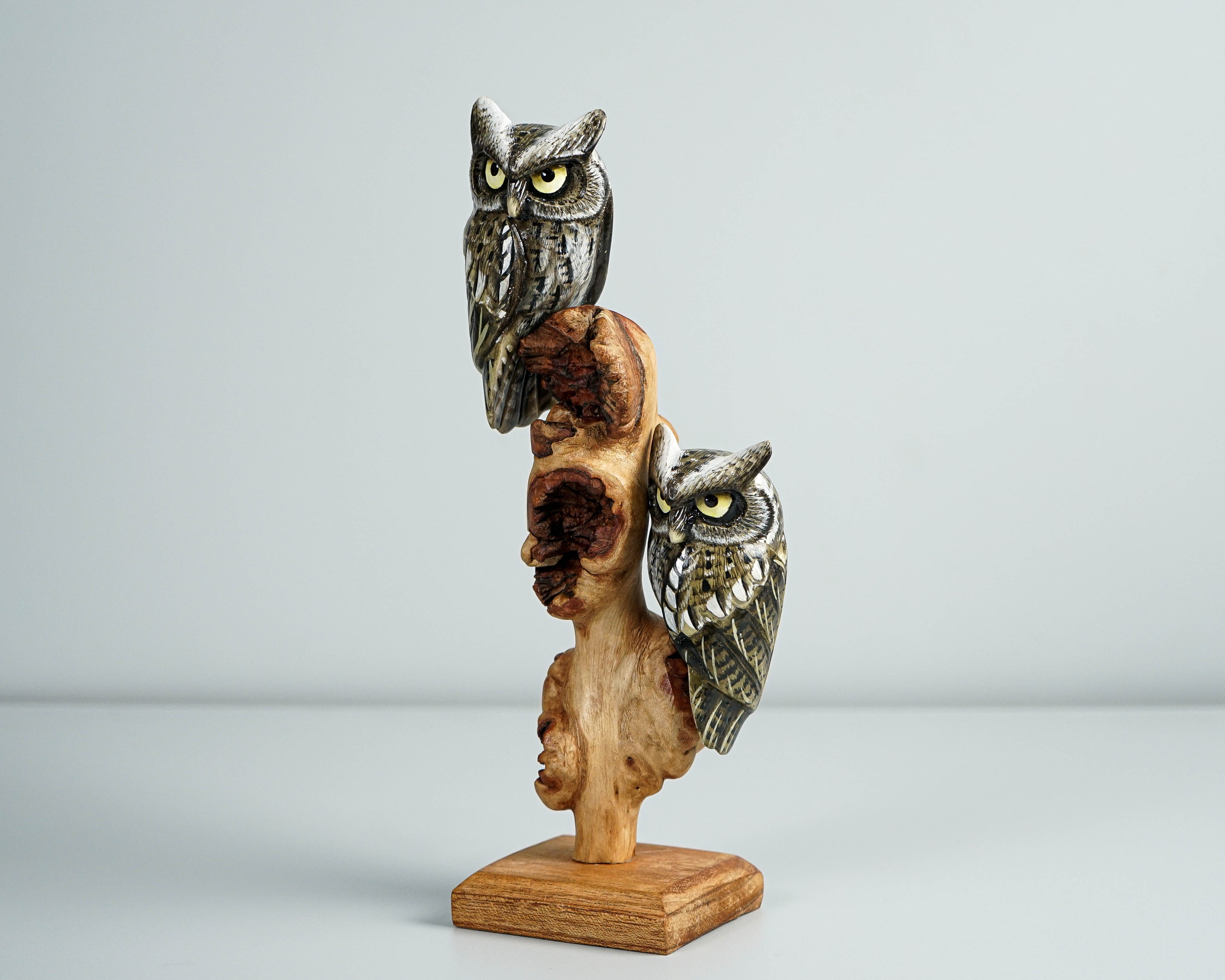 Couple Owls on Branch Sculpture 9in Tall Hand-Painted Wooden Owl Art