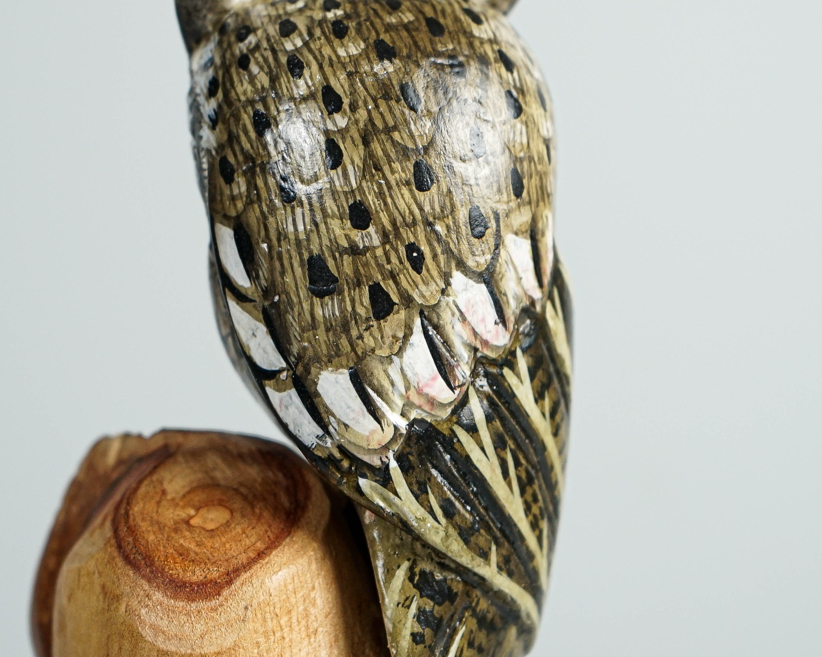 Couple Owls on Branch Sculpture 9in Tall Hand-Painted Wooden Owl Art