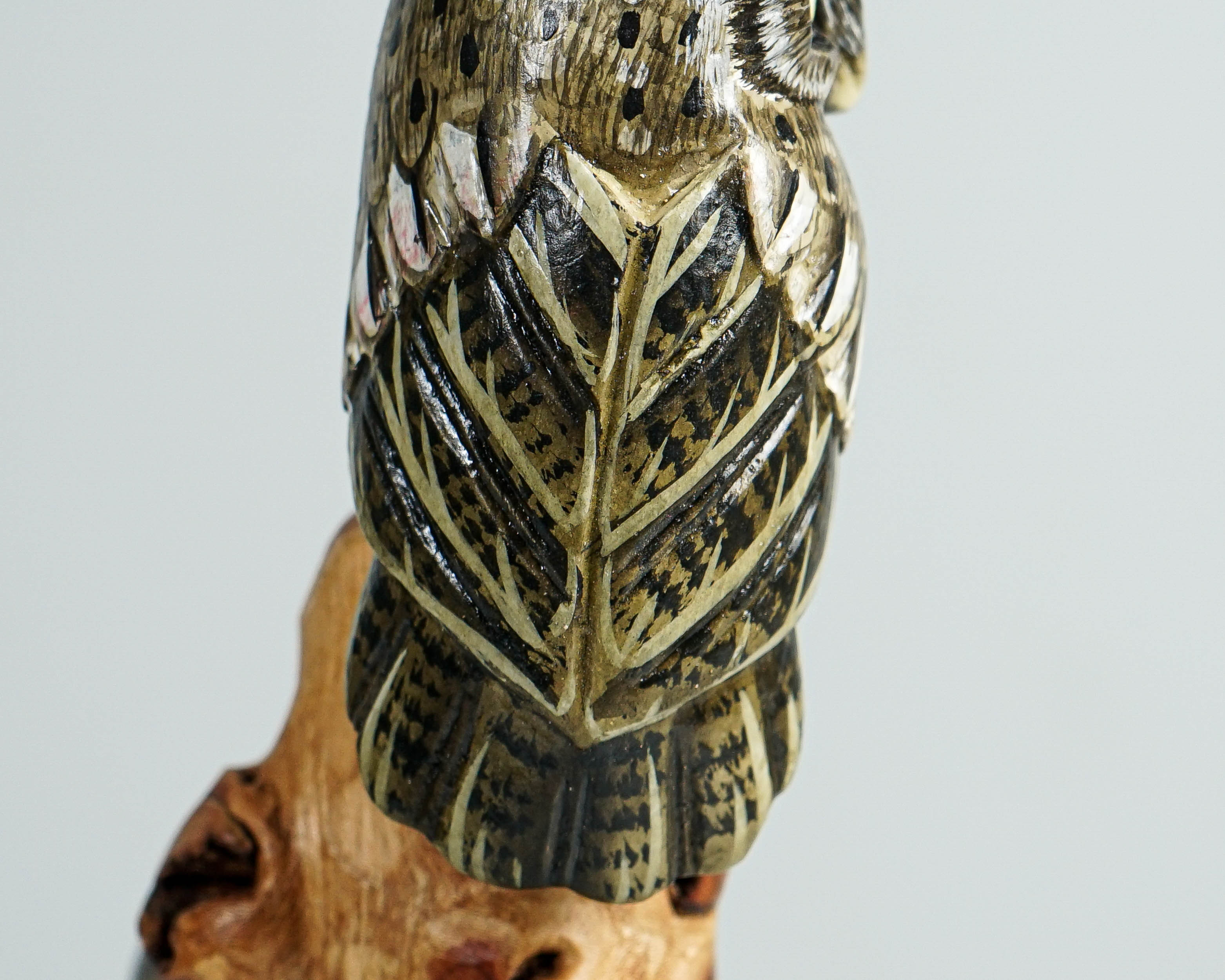 Couple Owls on Branch Sculpture 9in Tall Hand-Painted Wooden Owl Art