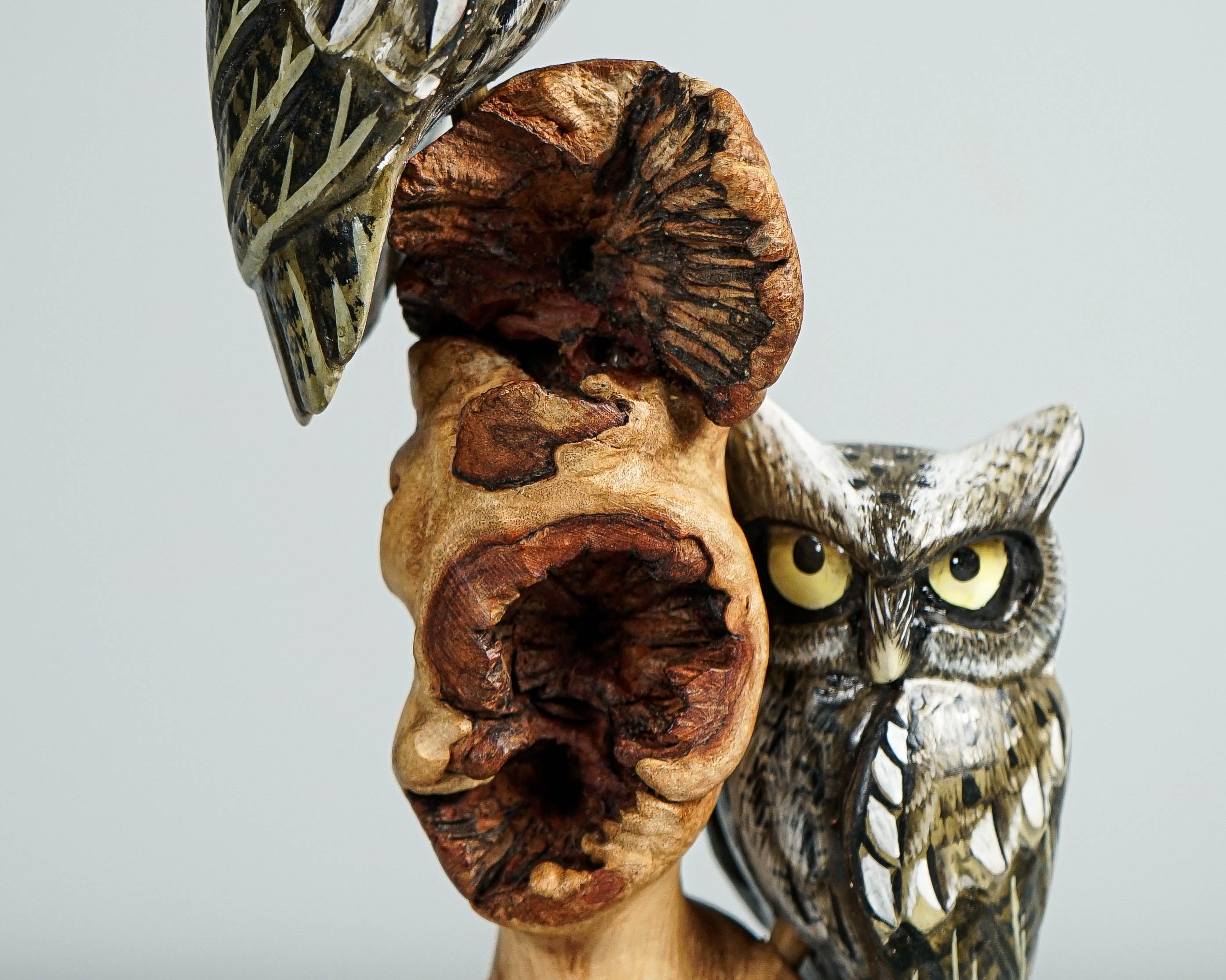 Couple Owls on Branch Sculpture 9in Tall Hand-Painted Wooden Owl Art