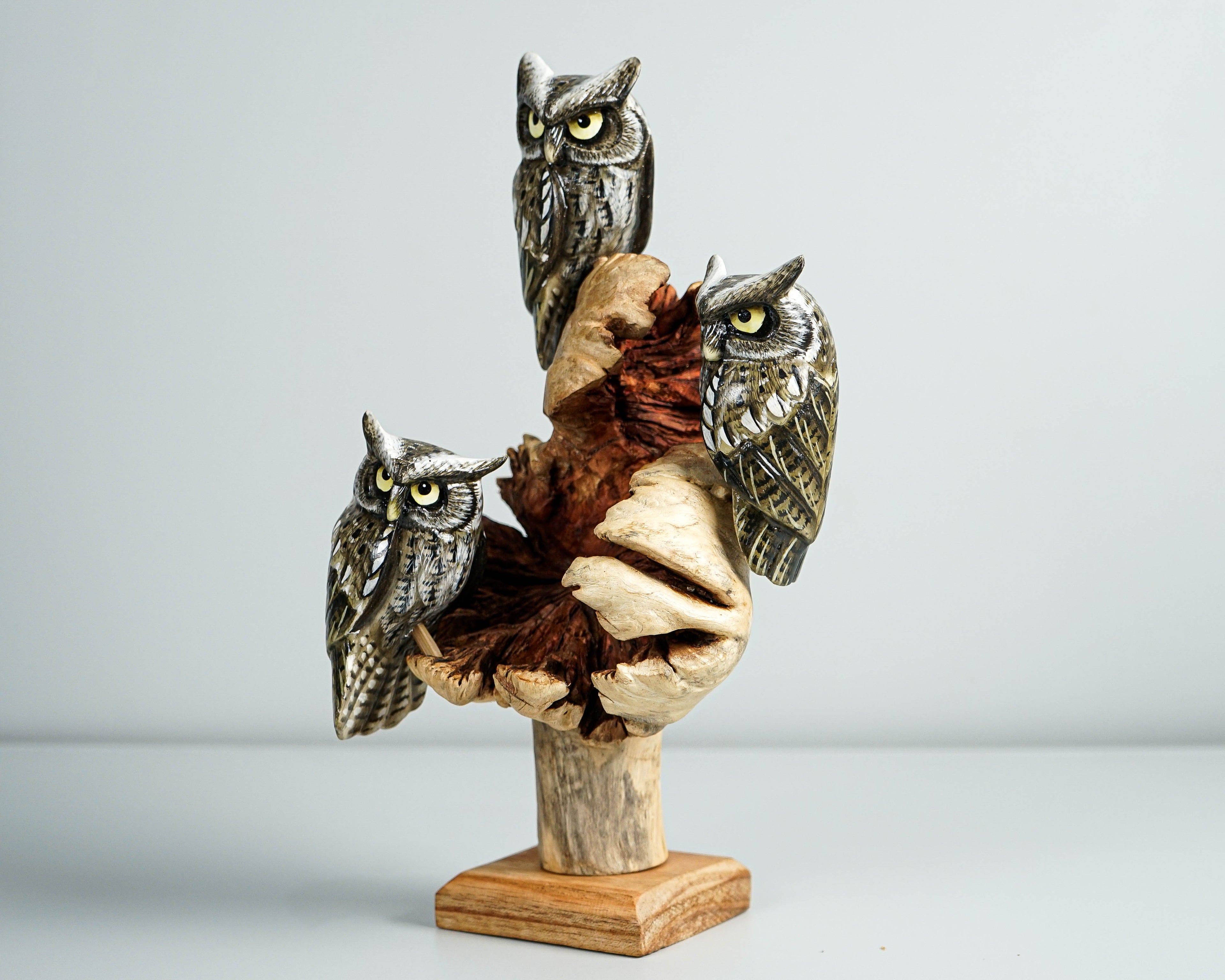 Group of Owls on a Tree Branch, Painted Figurine, Colorful Art, Wooden Ornament, Unique Sculpture, Family Decor, Best Friend Gift